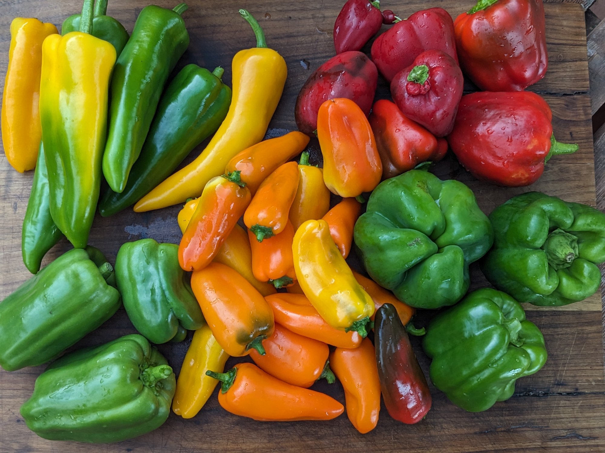 Five varieties of sweet peppers on a cutting board