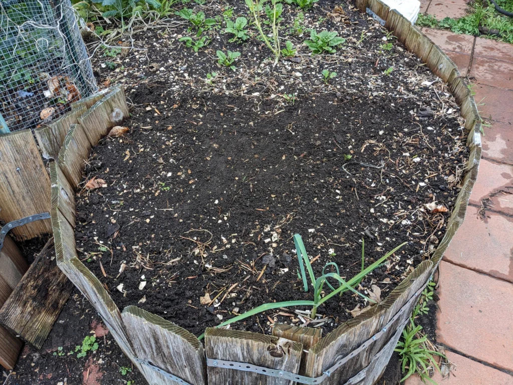 A raised garden bed before planting